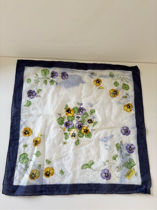 Gucci Accessories - Authentic VNTG Gucci Cotton Floral Pansey Pocket Square Handkerchief Blue Flawed